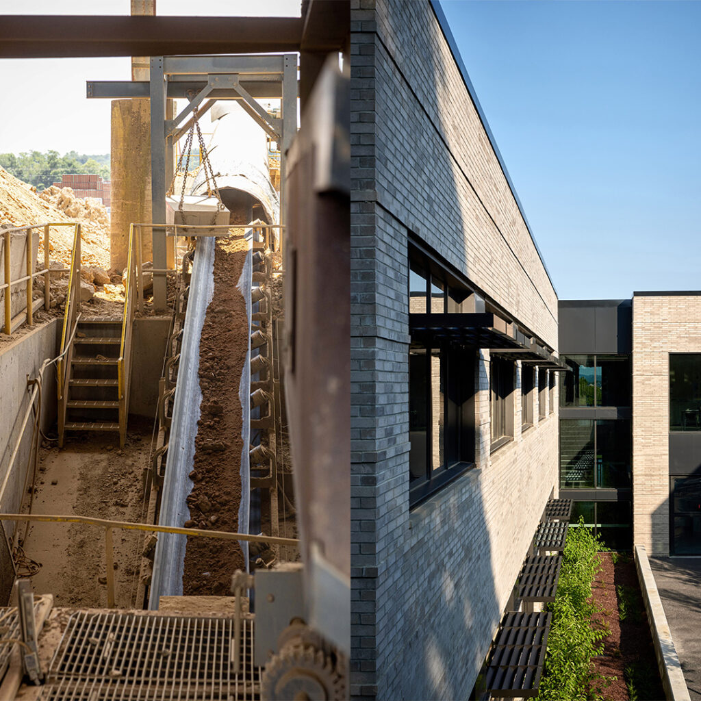 Dirt in production process on left and installed finished brick on right